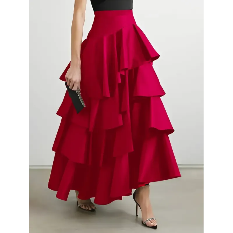 Layered Ruffle Asymmetrical Hem Skirt, Elegant High Waist Skirt For Fall & Winter, Women's Clothing
