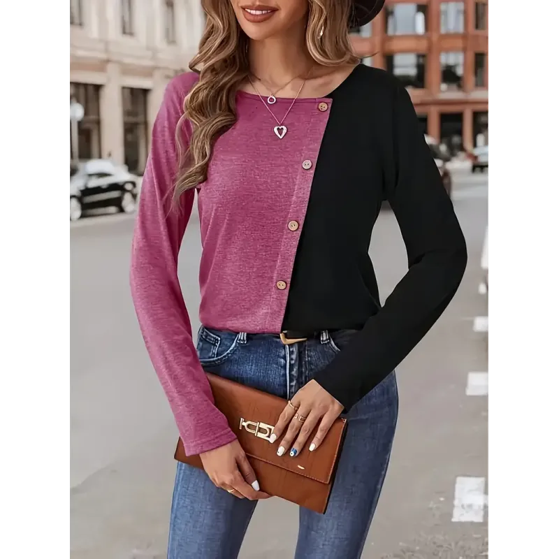 Color Block Crew Neck T-Shirt, Elegant Button Front Long Sleeve T-Shirt For Spring & Fall, Women's Clothing