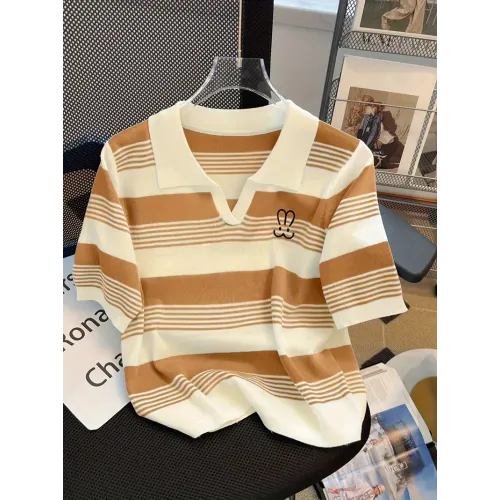 Bunny Embroidery Striped Collared T-Shirt, Preppy Short Sleeve T-Shirt For Spring & Summer, Women's Clothing