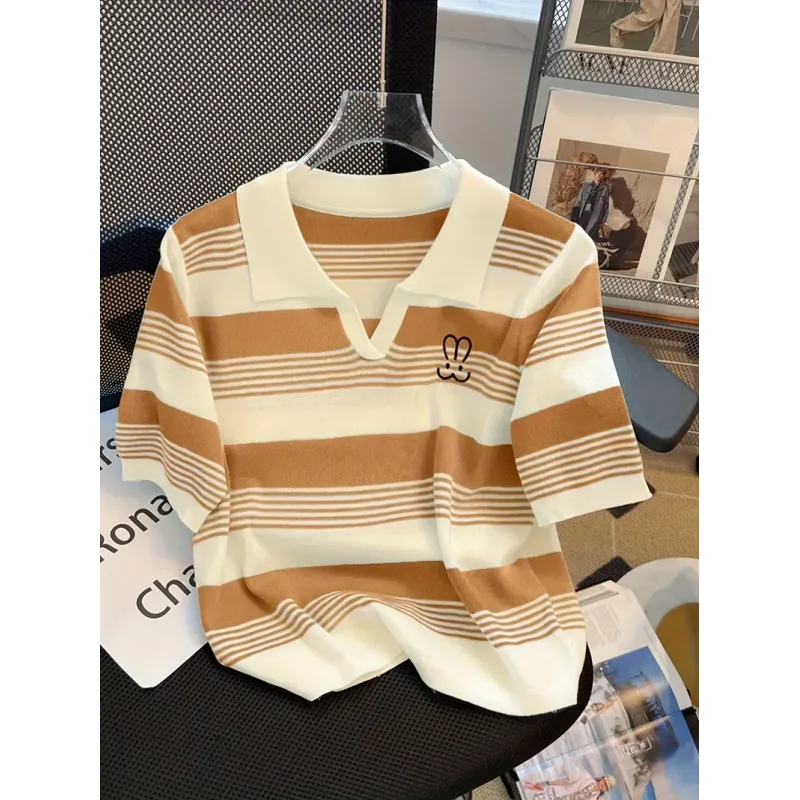 Bunny Embroidery Striped Collared T-Shirt, Preppy Short Sleeve T-Shirt For Spring & Summer, Women's Clothing