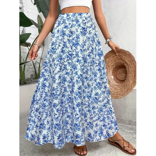 Floral Print A-line Skirt, Elegant Elastic High Waist Skirt For Spring & Summer, Women's Clothing