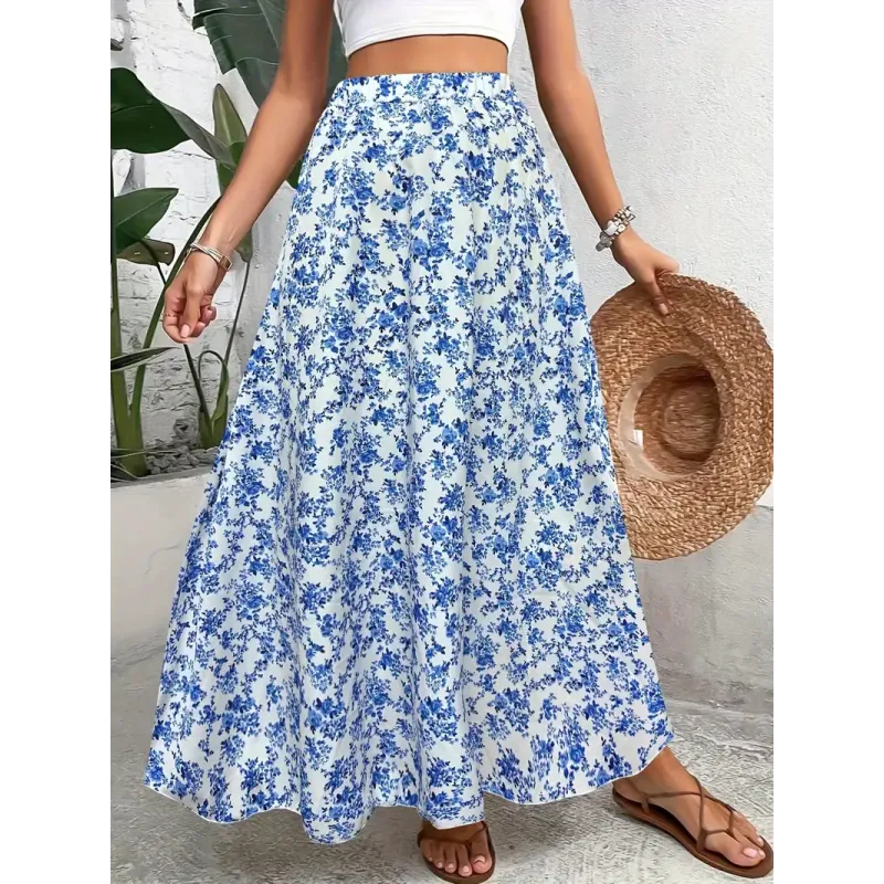 Floral Print A-line Skirt, Elegant Elastic High Waist Skirt For Spring & Summer, Women's Clothing