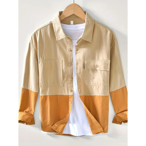Men'S Casual Cotton Blend Shirt, Vintage Color Block Workwear, 