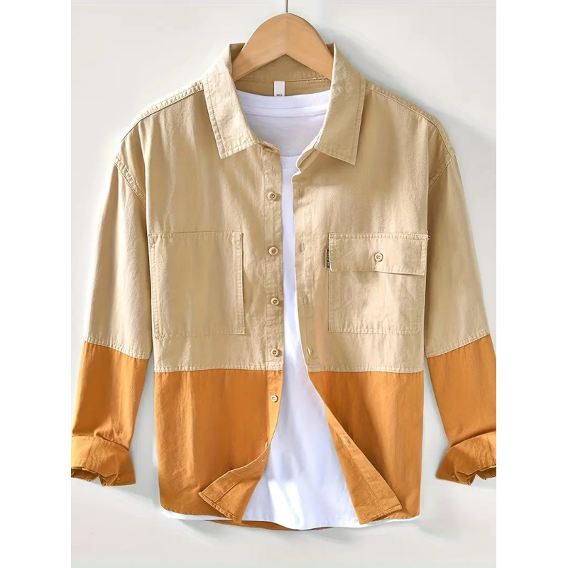 Men'S Casual Cotton Blend Shirt, Vintage Color Block Workwear, 