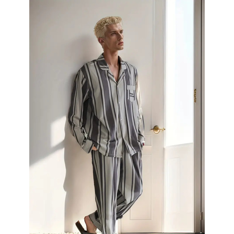 Men'S Casual Striped Pajama Set - Long Sleeve Trousers with Lapel Button,