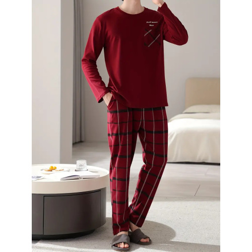 Men's Cozy Cotton Pajama Set - Long Sleeve, Round Neck with Chest Pocket