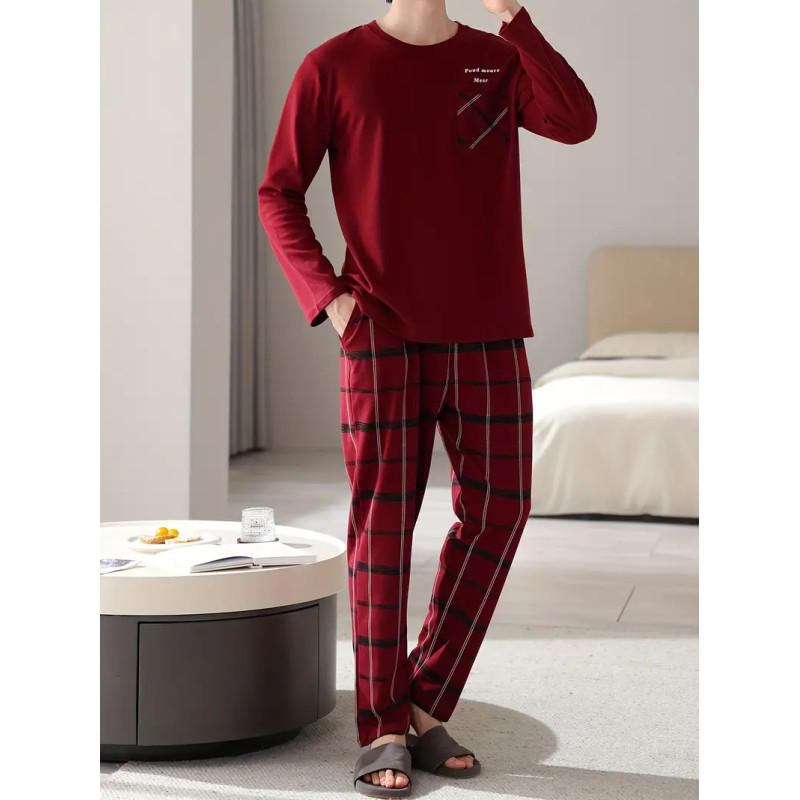 Men's Cozy Cotton Pajama Set - Long Sleeve, Round Neck with Chest Pocket