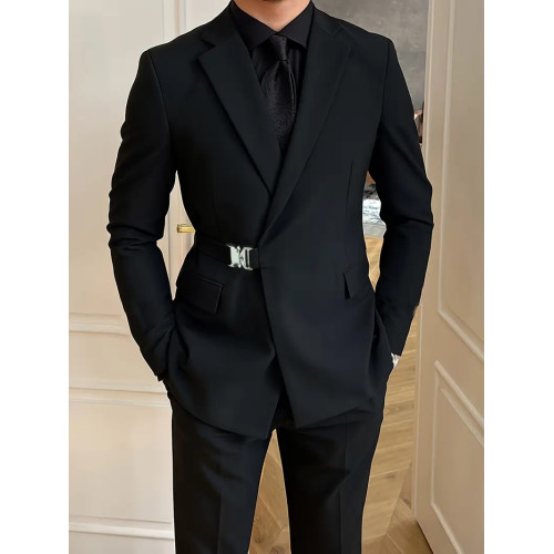 Men's Slim Fit Fashion Blazer with Waist Buckle