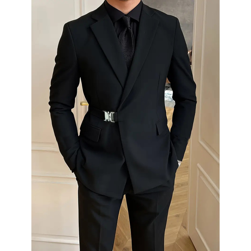 Men's Slim Fit Fashion Blazer with Waist Buckle