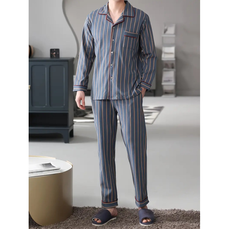 2 Pcs Men's Casual Striped Cotton Pajamas Sets 2 Pcs Men's Casual Striped Cotton Pajamas Sets
