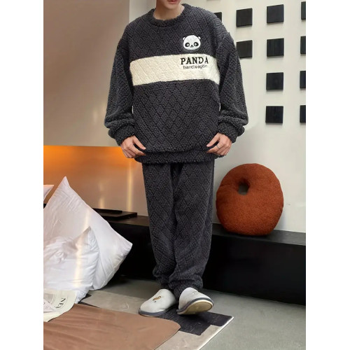 Men'S Cartoon Embroidered Crew Neck Pajama Set - All Season Warm Flannel