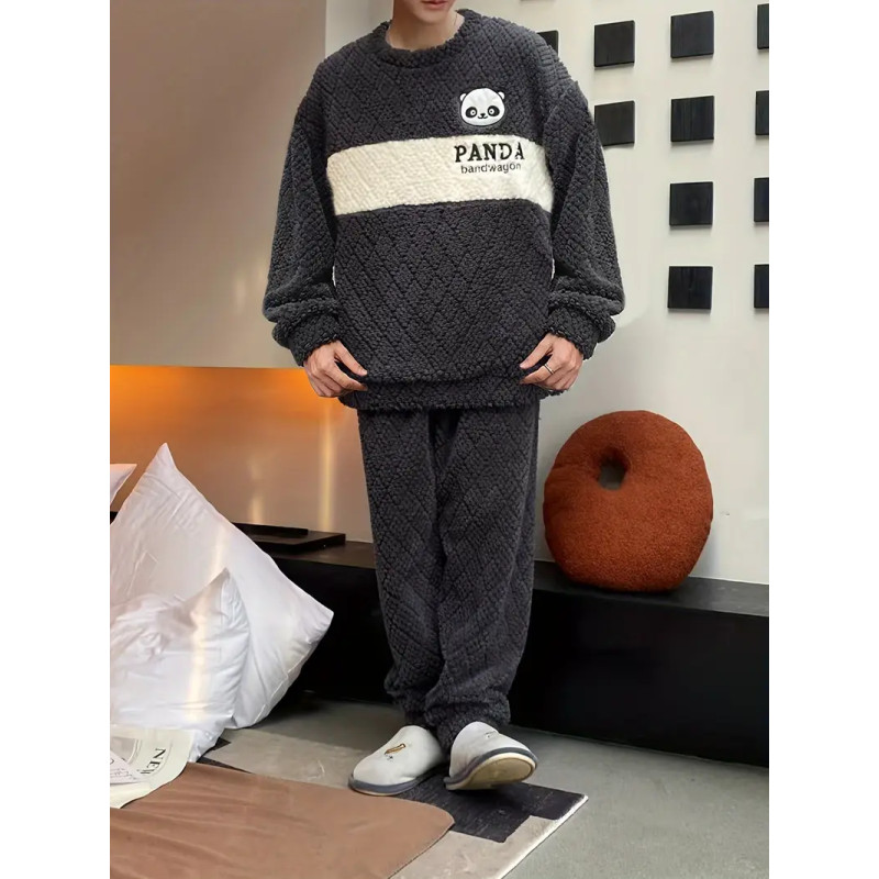 Men'S Cartoon Embroidered Crew Neck Pajama Set - All Season Warm Flannel