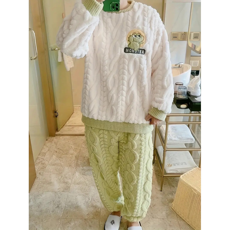 2 Pieces Men's Trendy Dinosaur Embroidered Plush Round Neck Long Sleeve Top & Trousers