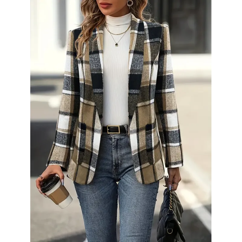 Women's Plaid Blazer - Casual Spring/Fall Polyester Blazer with Long Sleeves, Loose Fit, Woven Pattern, No Belt, Pocket Detail, Open Front, Unbuttoned Design Women's Plaid Blazer - Casual Spring/Fall Polyester Blazer with Long Sleeves, Loose Fit, Woven Pattern, No Belt, Pocket Detail, Open Front, Unbuttoned Design