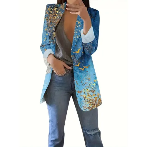 Allover Pattern Button Front Blazer, Elegant Long Sleeve Lapel Blazer For Office & Work, Women's Clothing