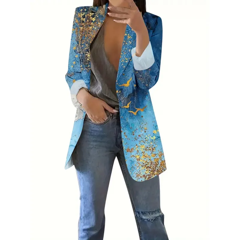 Allover Pattern Button Front Blazer, Elegant Long Sleeve Lapel Blazer For Office & Work, Women's Clothing