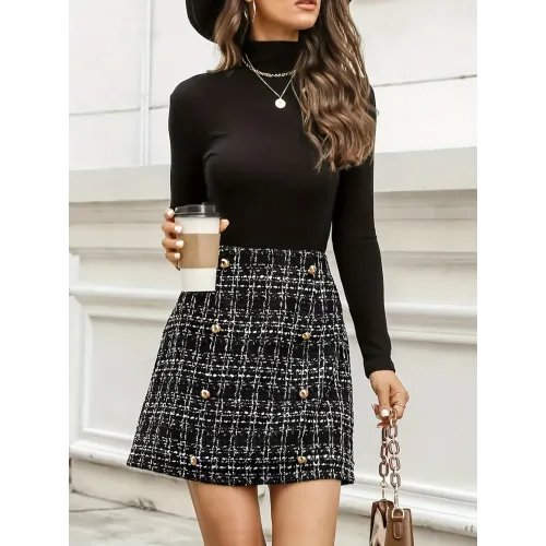 Double-breasted Plaid Print Skirt, Elegant High Waist A-line Skirt, Women's Clothing