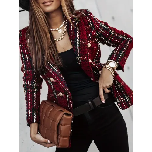 Double-breasted Notched Lapel Blazer, Elegant Plaid Tweed Long Sleeve Blazer For Office & Work, Women's Clothing