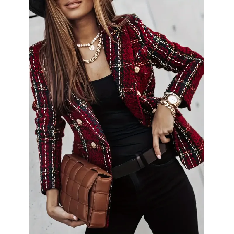 Double-breasted Notched Lapel Blazer, Elegant Plaid Tweed Long Sleeve Blazer For Office & Work, Women's Clothing