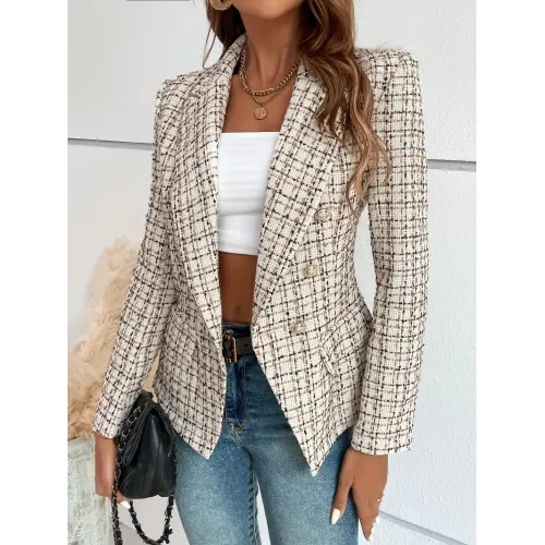 Plaid Pattern Double Button Blazer, Elegant Lapel Collar Long Sleeve Blazer For Spring & Fall, Women's Clothing