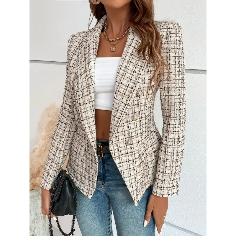 Plaid Pattern Double Button Blazer, Elegant Lapel Collar Long Sleeve Blazer For Spring & Fall, Women's Clothing