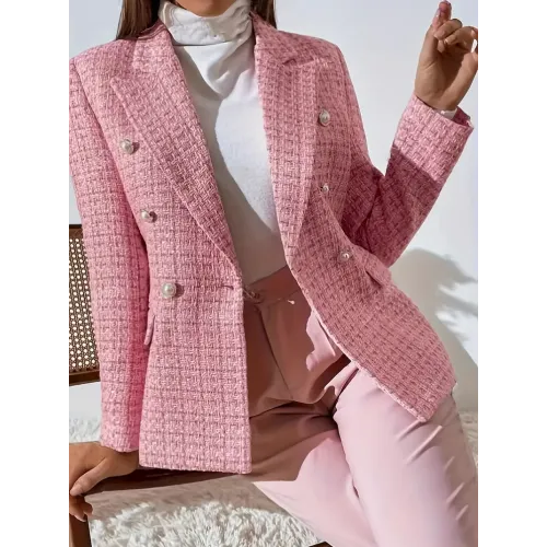 Double-breasted Notched Lapel Blazer, Elegant Long Sleeve Tweed Blazer For Office & Work, Women's Clothing