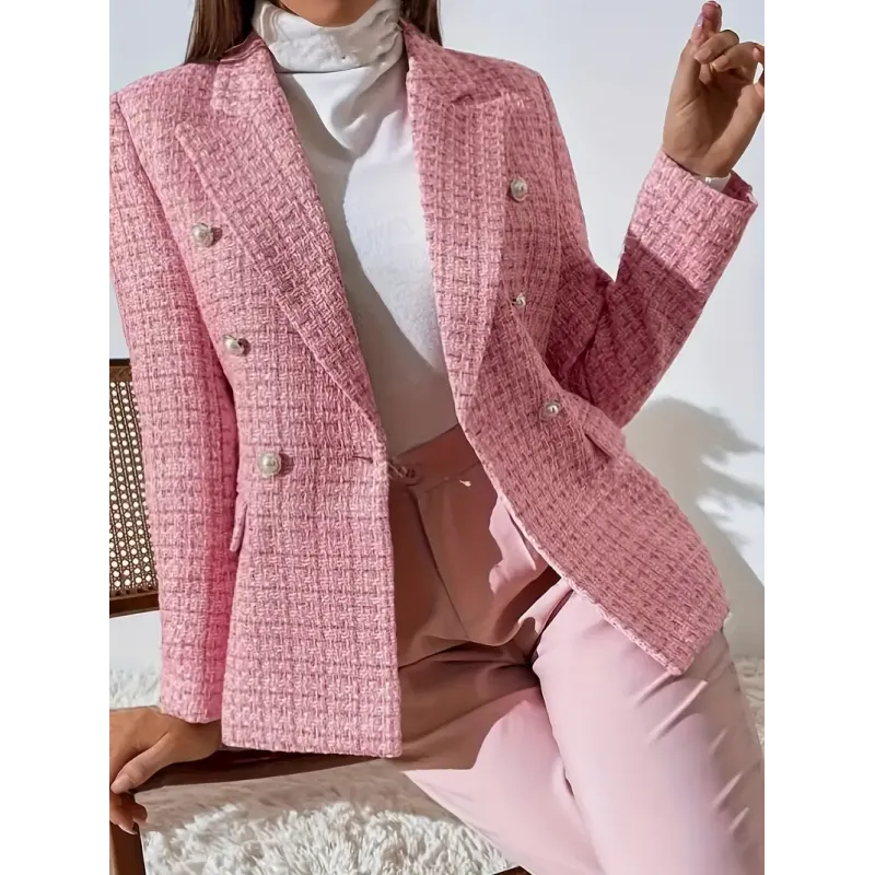 Double-breasted Notched Lapel Blazer, Elegant Long Sleeve Tweed Blazer For Office & Work, Women's Clothing