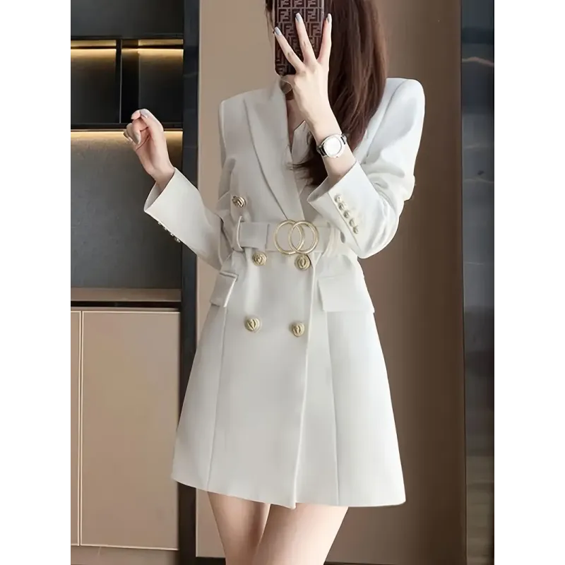 Elegant Double-Breasted Blazer with Belt - Spring/Fall Polyester Fiber Coat, Long Sleeve, Solid Color, X Fit, Woven