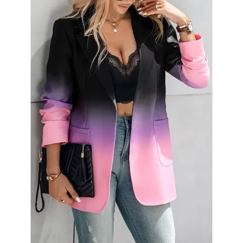 Elegant Gradient Long Sleeve Blazer for Women - Open Front, Polyester & Spandex Blend, Machine Washable