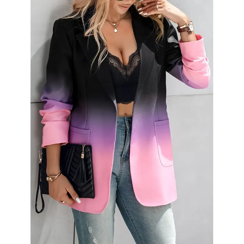 Elegant Gradient Long Sleeve Blazer for Women - Open Front, Polyester & Spandex Blend, Machine Washable